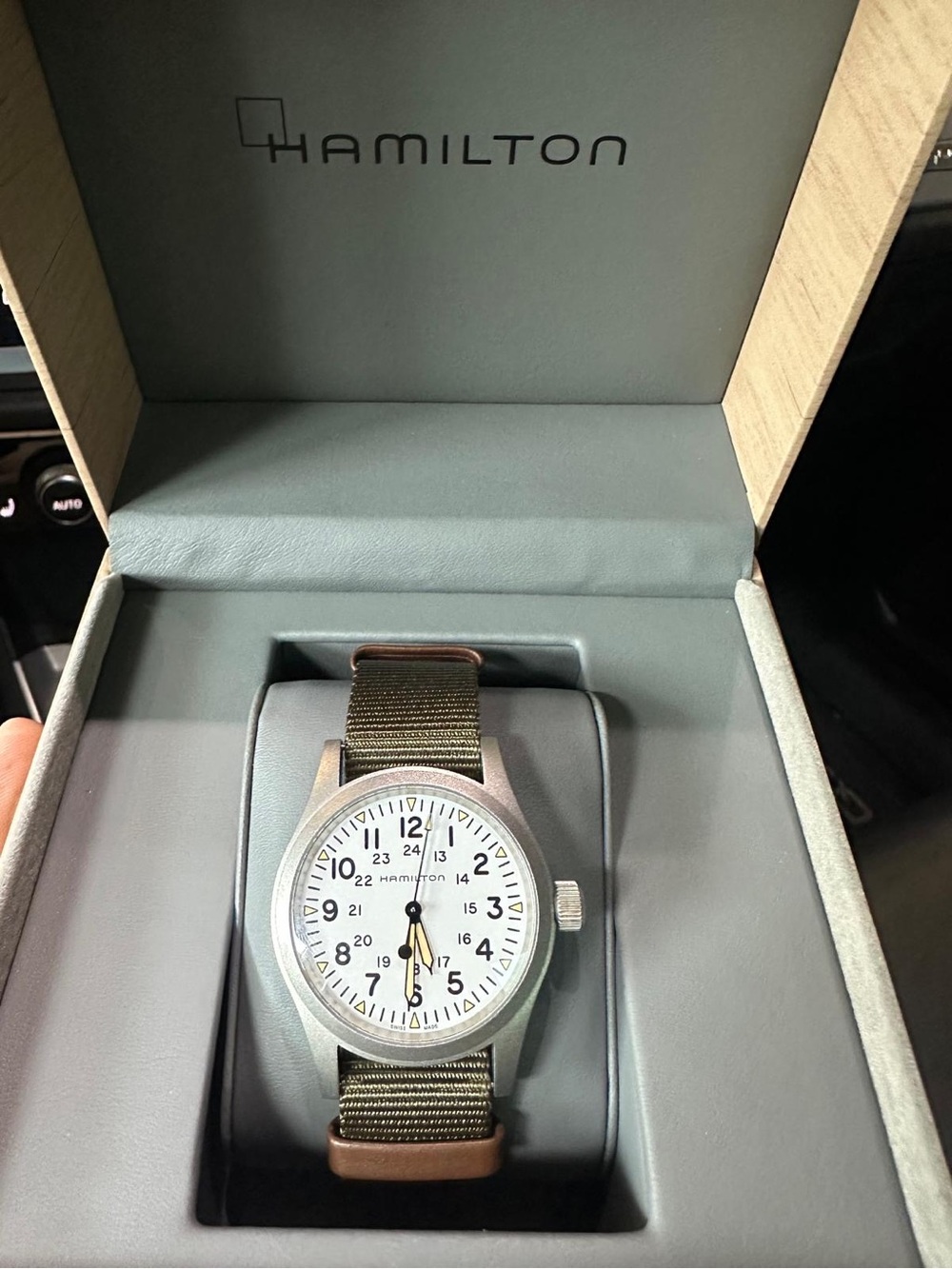 Hamilton Khaki Field Mechanical Watch with White Dial and Olive Strap